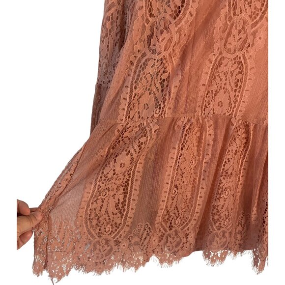 ULTRA Pink Solid Pink 100% Lace Peplum-Waist Lined Long Bell Sleeve Blouse NWT L - Picture 10 of 10